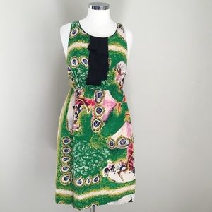 Anthropologie Green Multicolor Printed Sleeveless Dress with Black Ruffle
